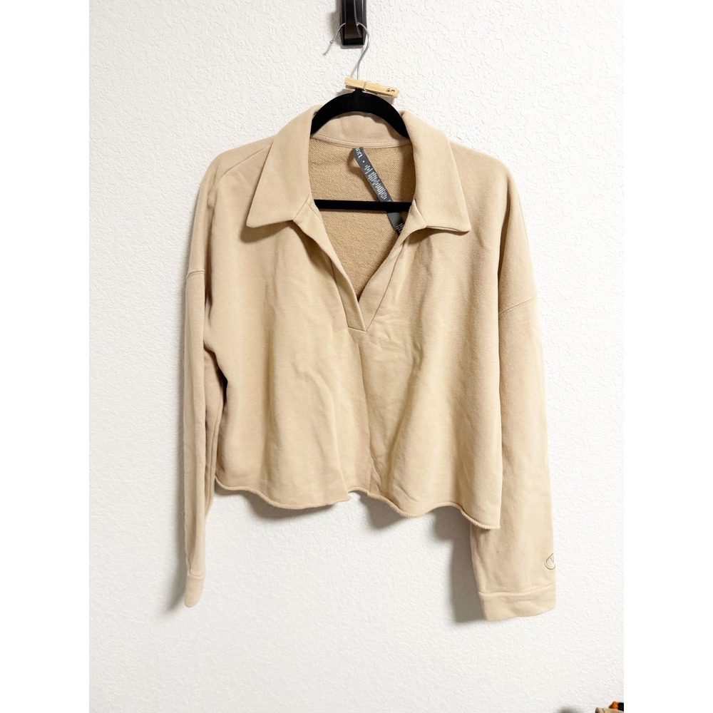 Vuori Sedona Cropped Polo Shirt Sweatshirt Raw Hem Coconut Tan Beige‎ Medium - Picture 2 of 8